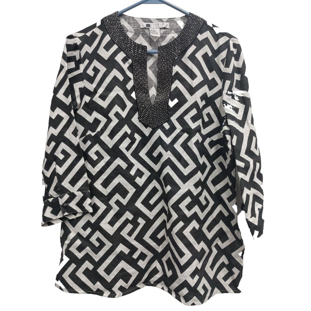 Carole Little Womens Blouse Top Medium Black White Linen Beaded‎ Coastal Resort